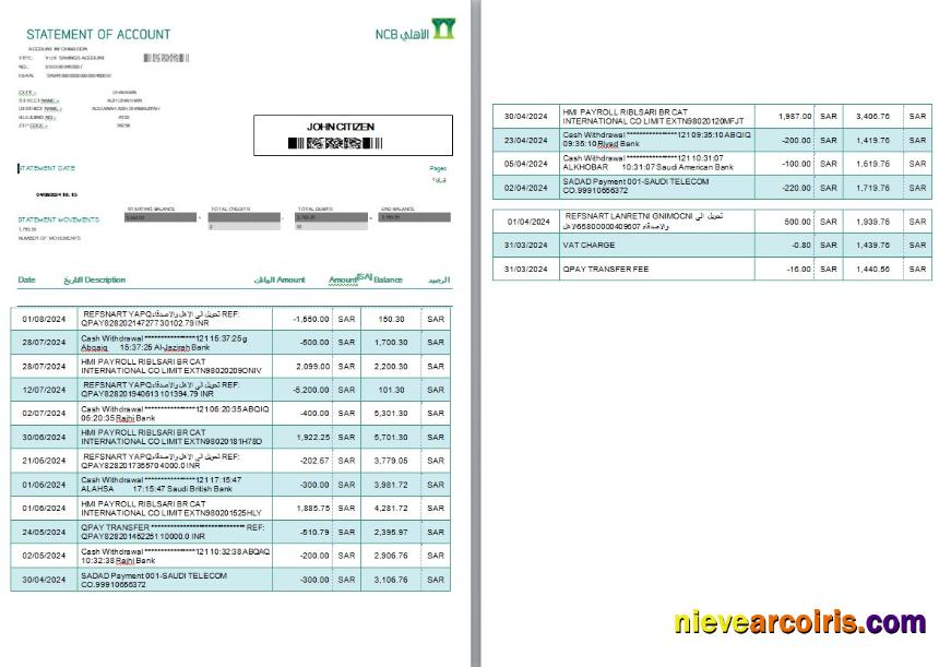 Saudi Arabia NCB Bank account statement, Word and PDF, 2 pages